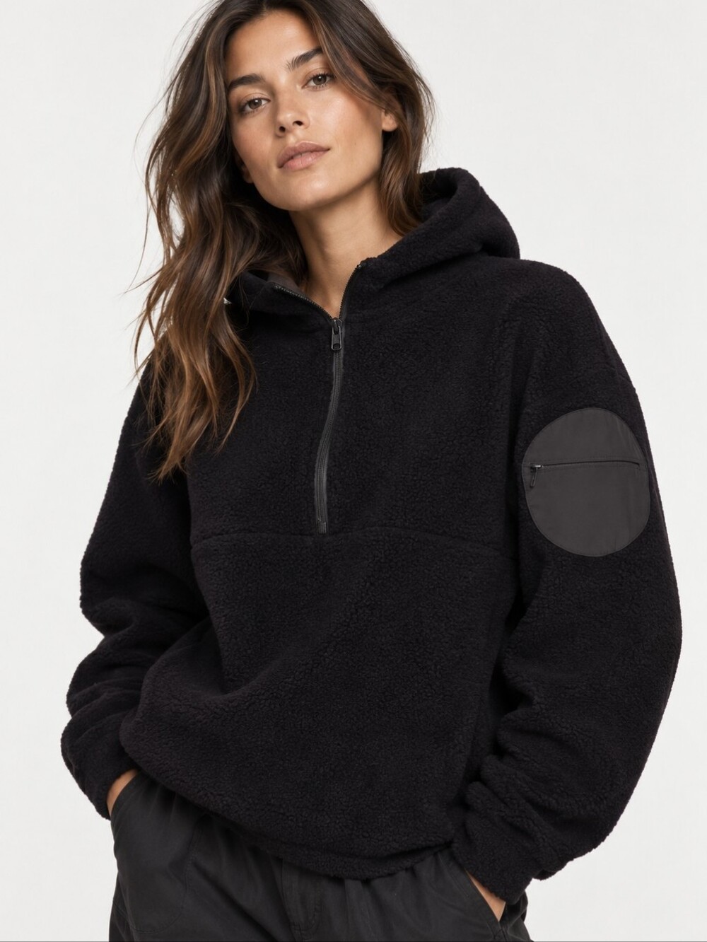 Outdoor Voices Megafleece Wool Blend Half Zip Hoodie Black Large Sherpa Fleece